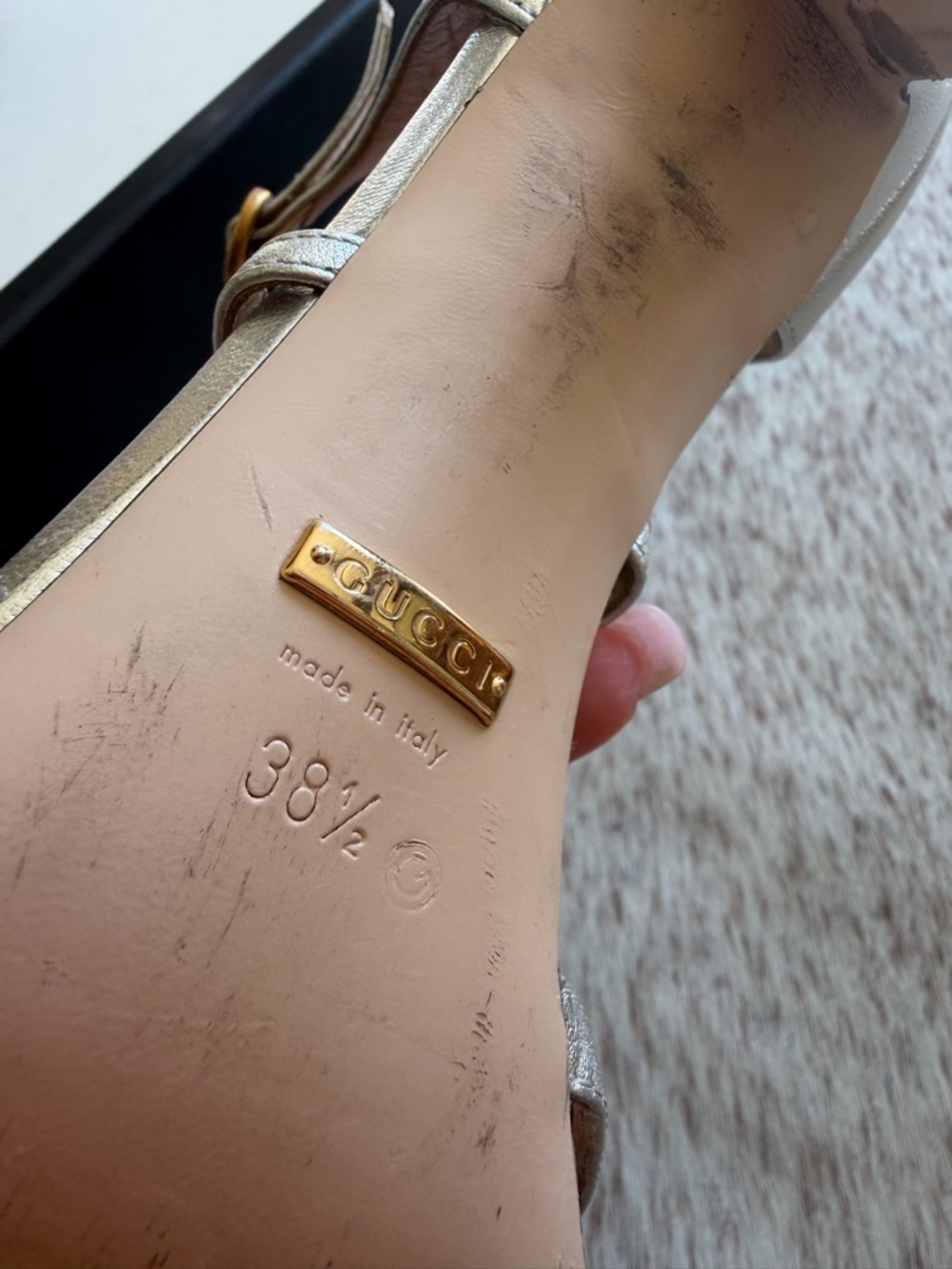 Gucci Metallic Silver T-Strap Pointed Heels with Red Heart Accent - Picture 6 of 8
